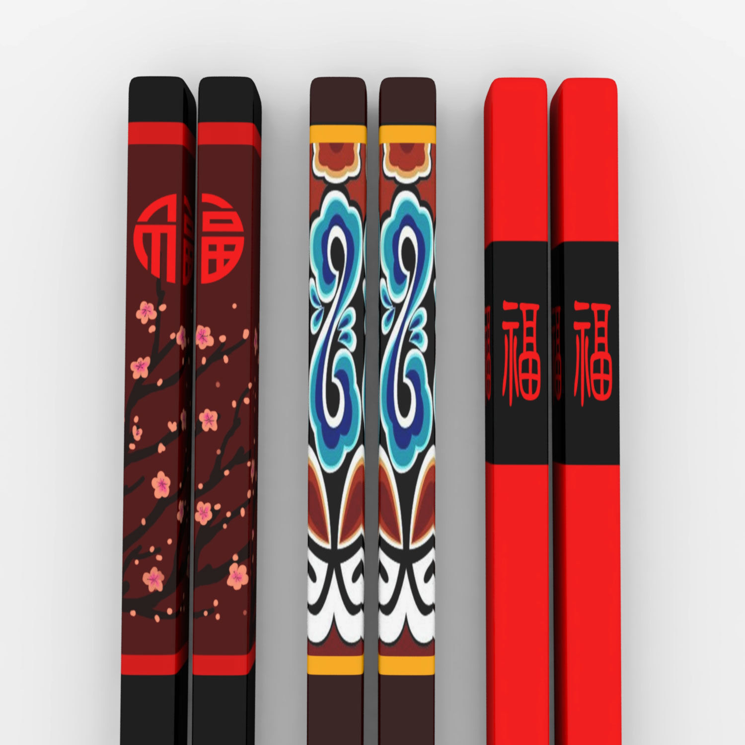 Chinese Chopsticks - Wood - Three Pairs Low-poly 3D model_5