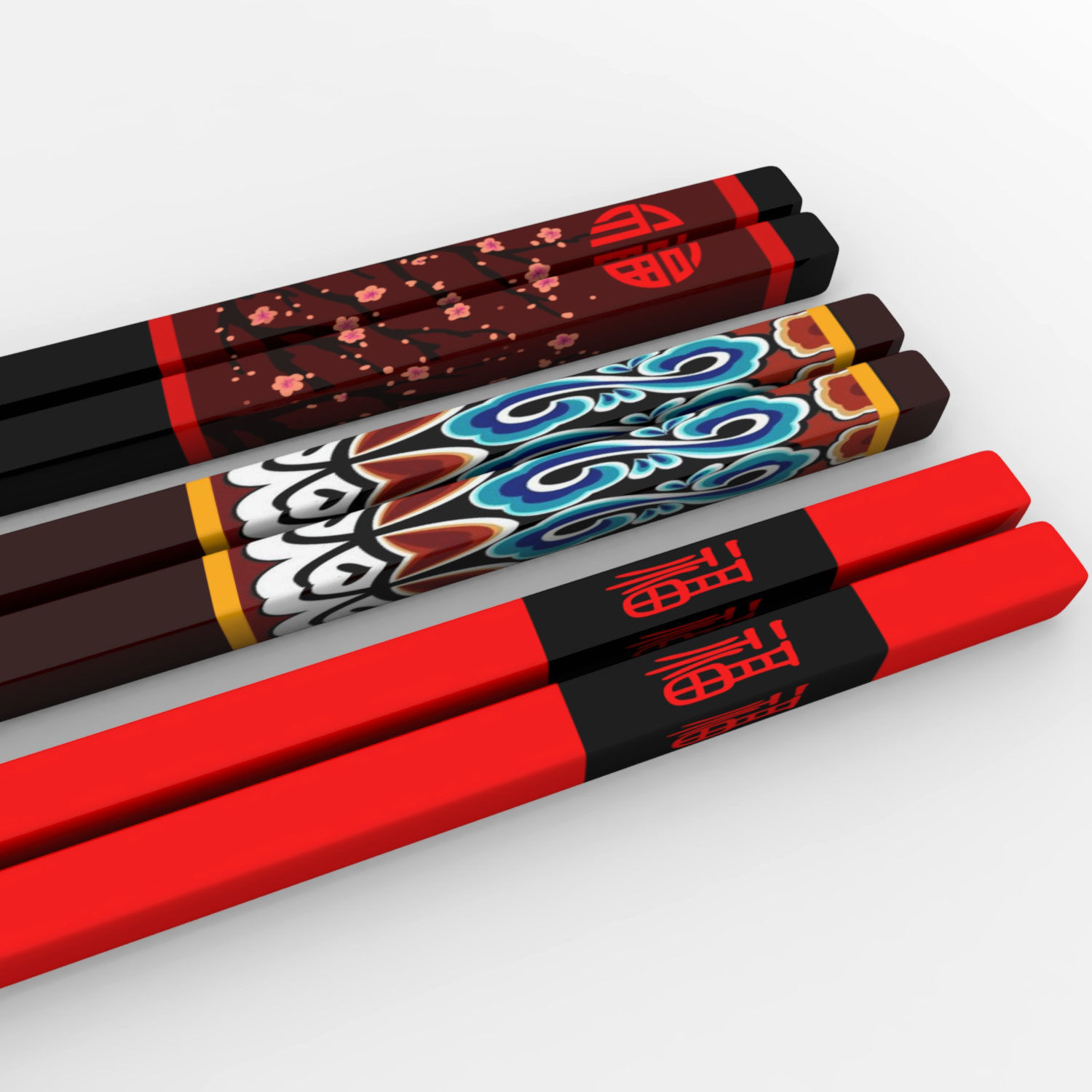 Chinese Chopsticks - Wood - Three Pairs Low-poly 3D model_4