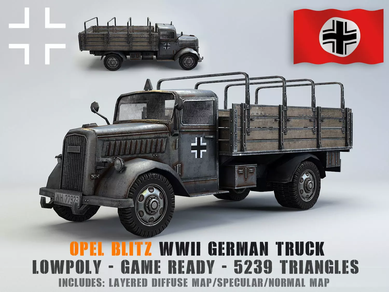 Low Poly Opel Blitz Truck Low-poly 3D model_0