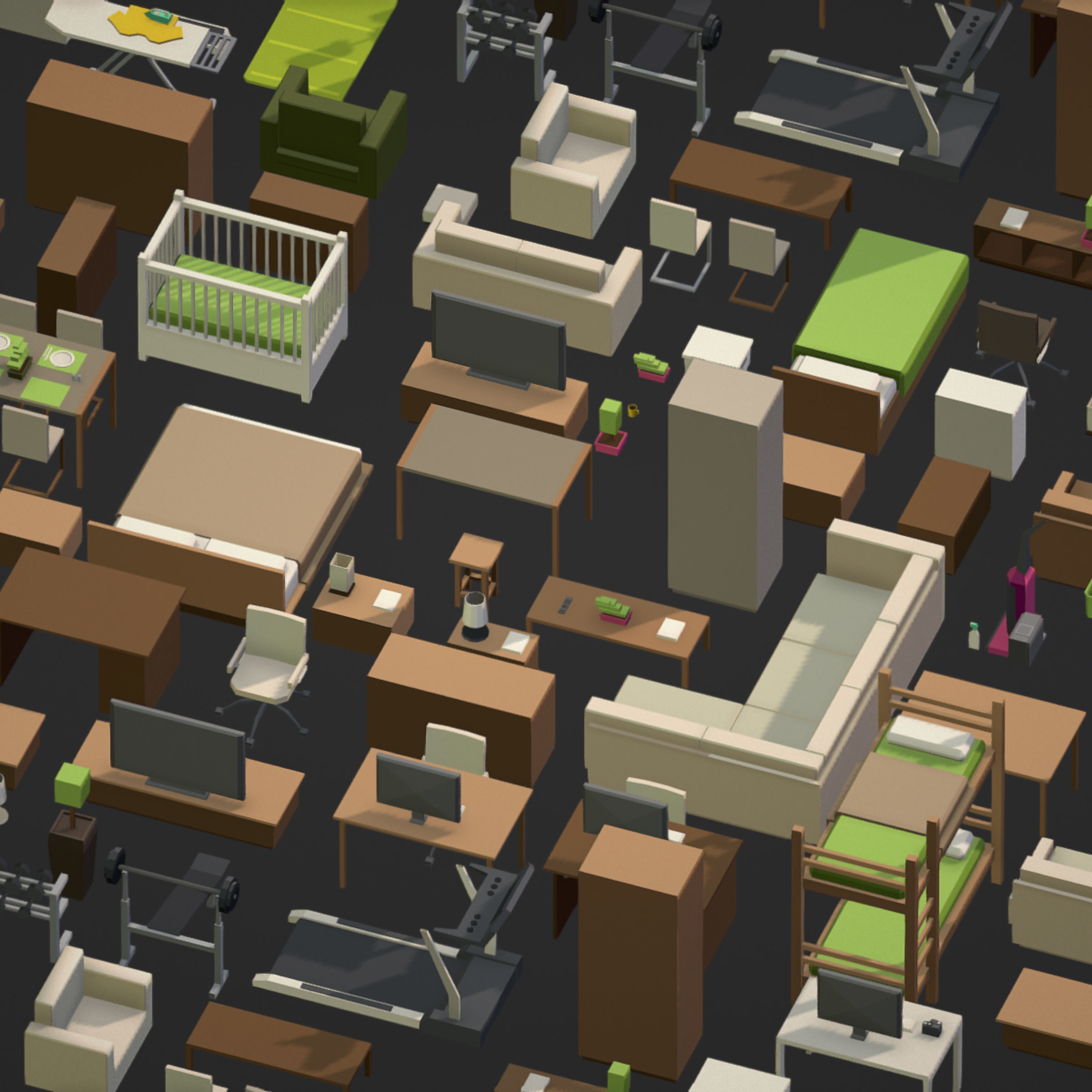 100 object Isometric Home Office Furniture Fitness Pack Low-poly 3D model_4