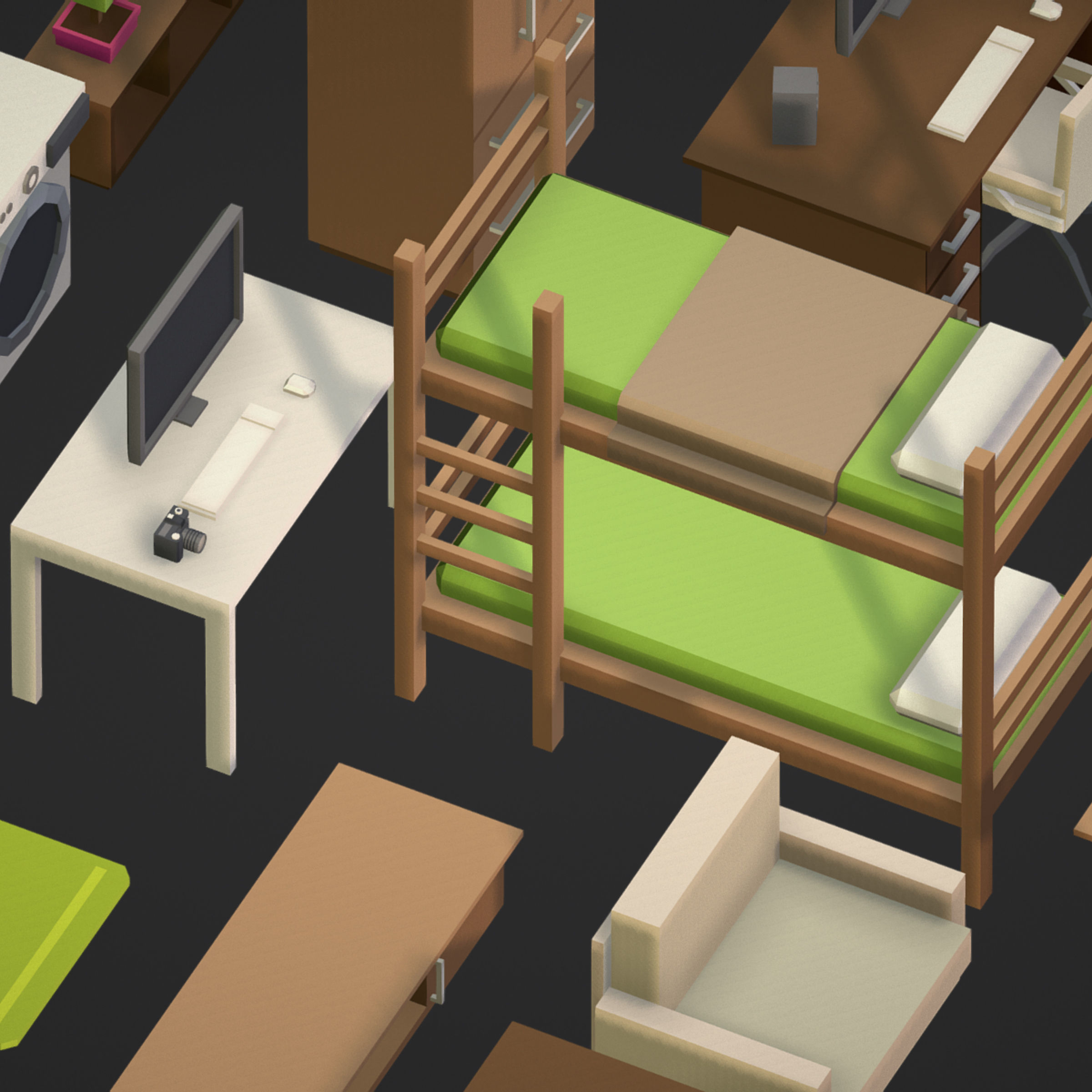 100 object Isometric Home Office Furniture Fitness Pack Low-poly 3D model_13