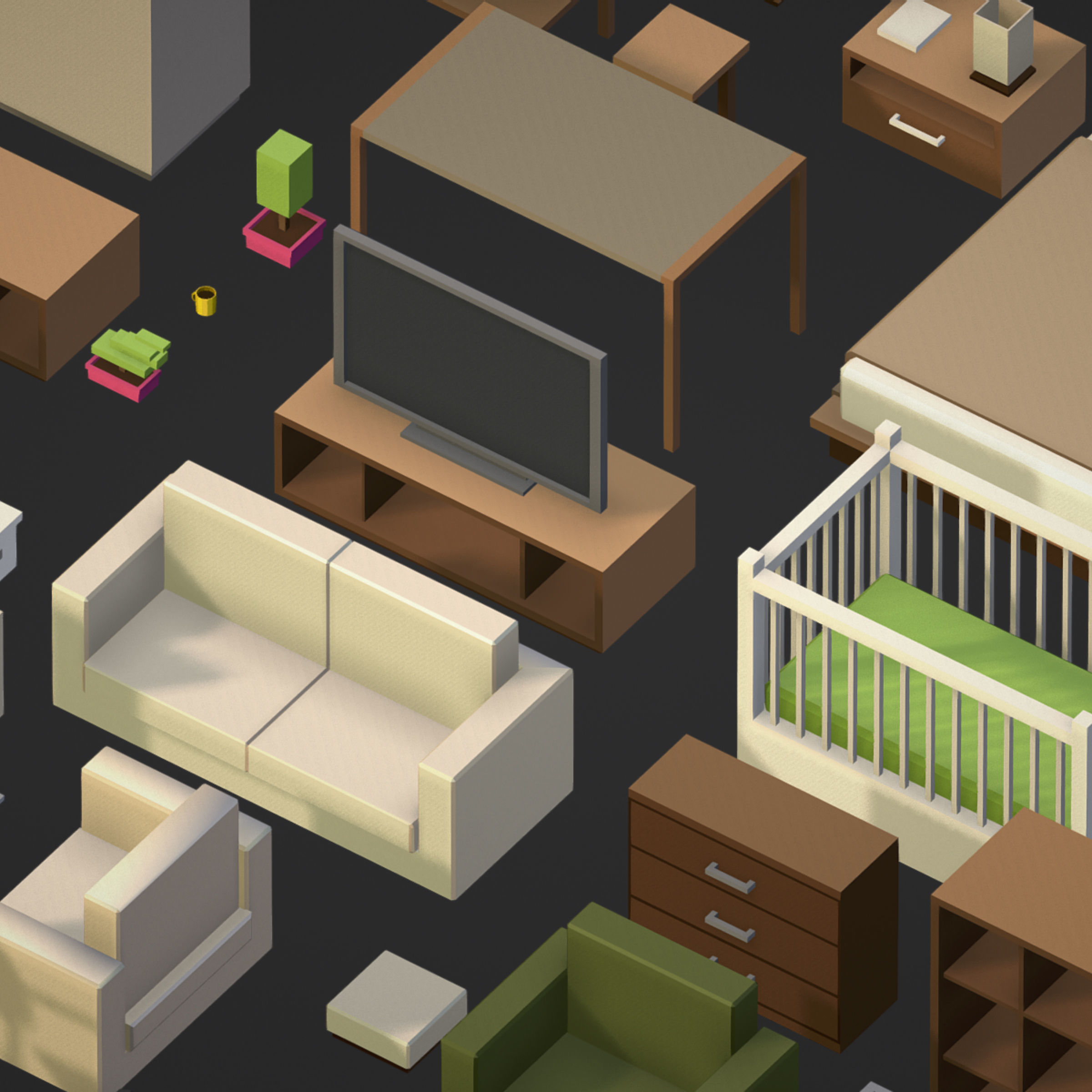 100 object Isometric Home Office Furniture Fitness Pack Low-poly 3D model_10