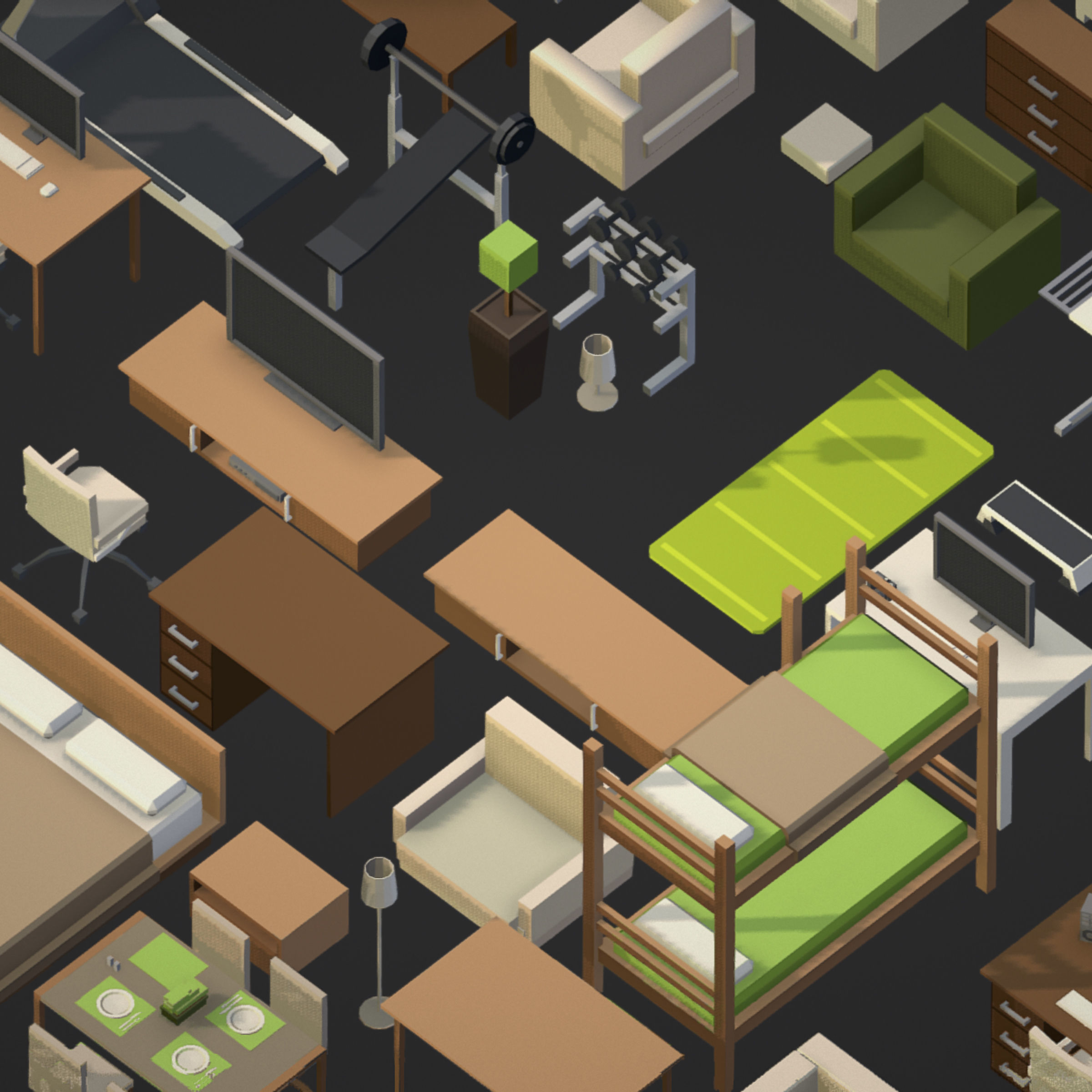 100 object Isometric Home Office Furniture Fitness Pack Low-poly 3D model_9