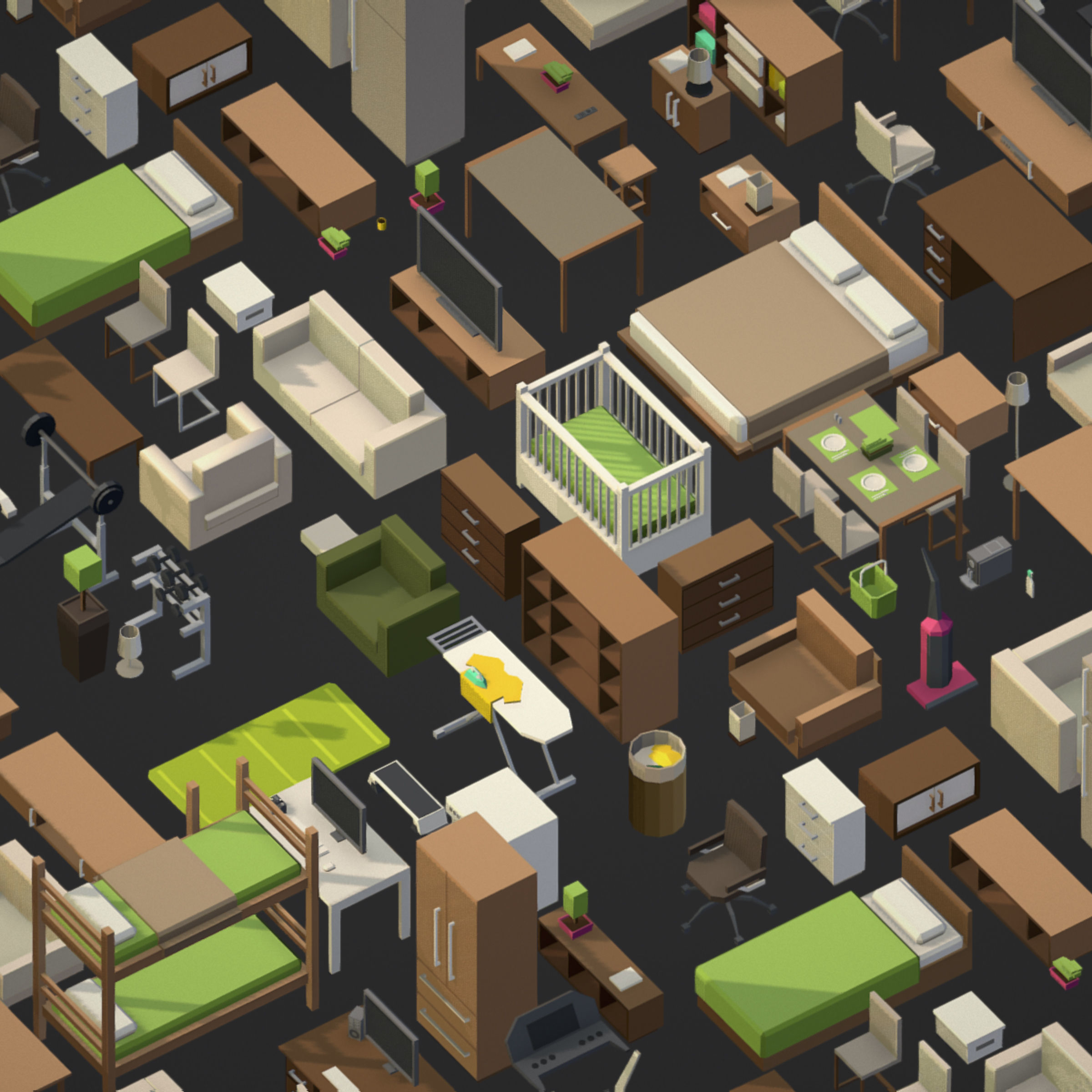 100 object Isometric Home Office Furniture Fitness Pack Low-poly 3D model_3