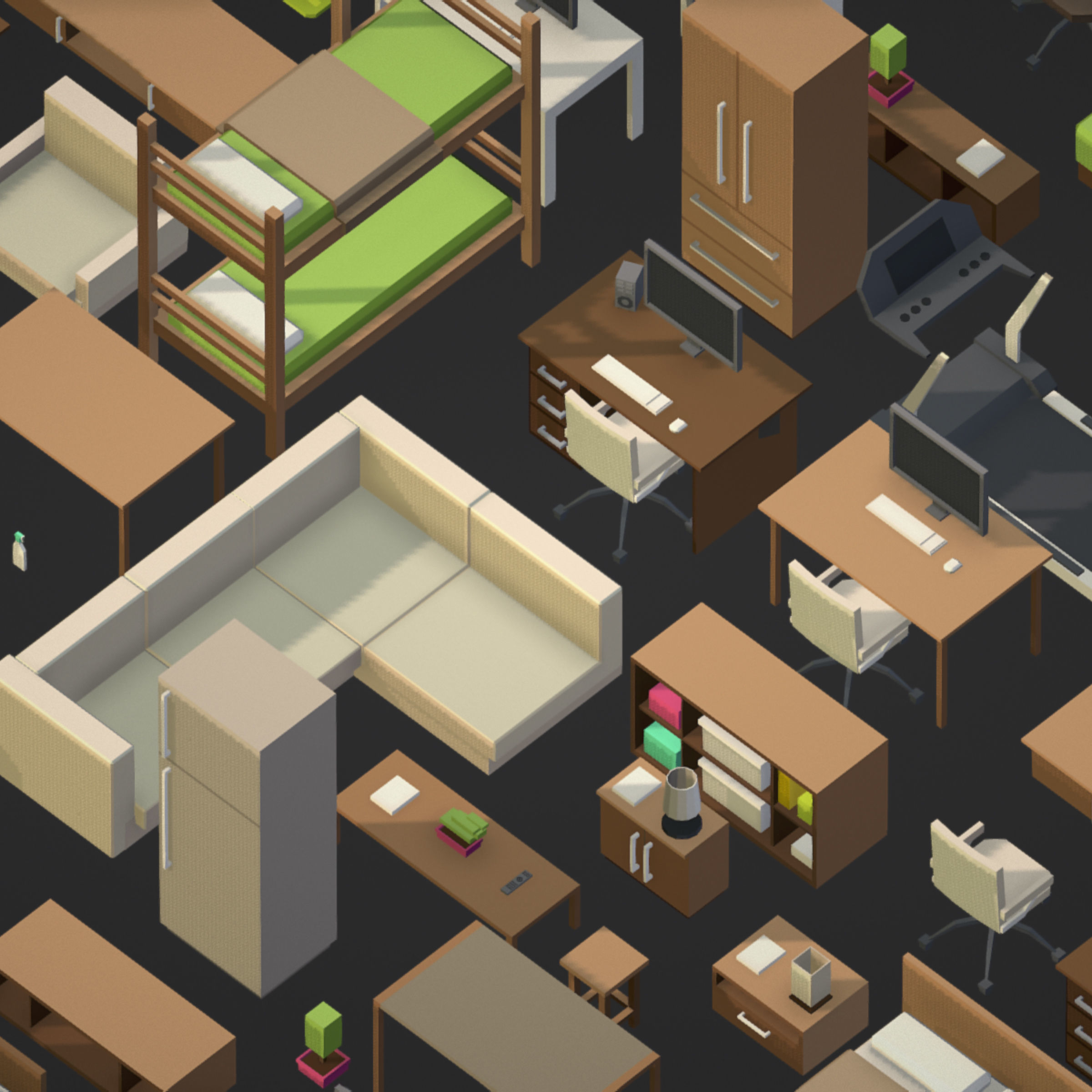 100 object Isometric Home Office Furniture Fitness Pack Low-poly 3D model_14