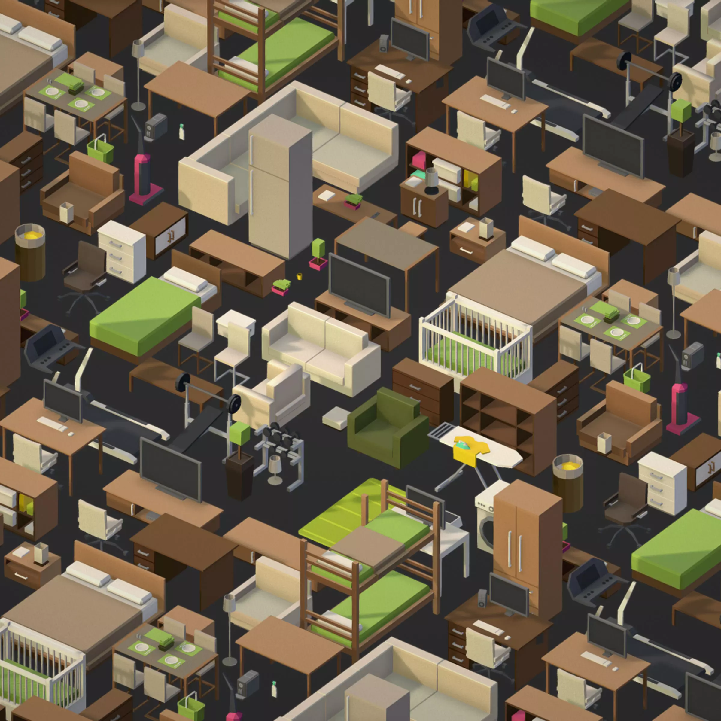 100 object Isometric Home Office Furniture Fitness Pack Low-poly 3D model_0