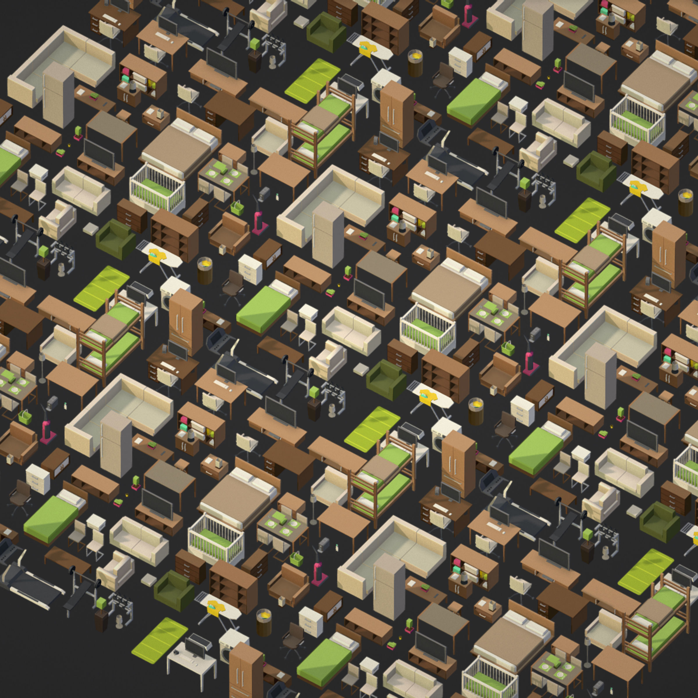 100 object Isometric Home Office Furniture Fitness Pack Low-poly 3D model_1