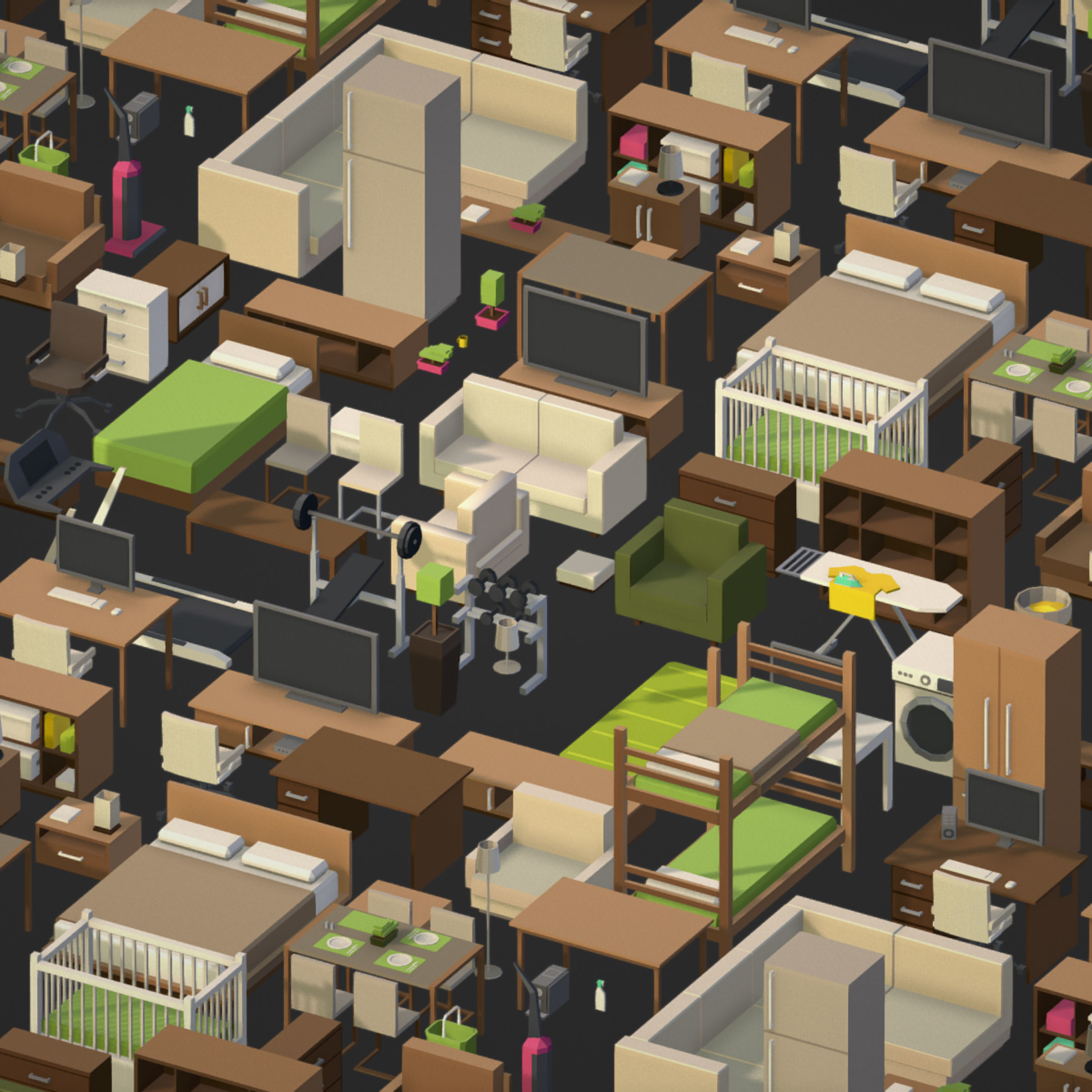 100 object Isometric Home Office Furniture Fitness Pack Low-poly 3D model_5