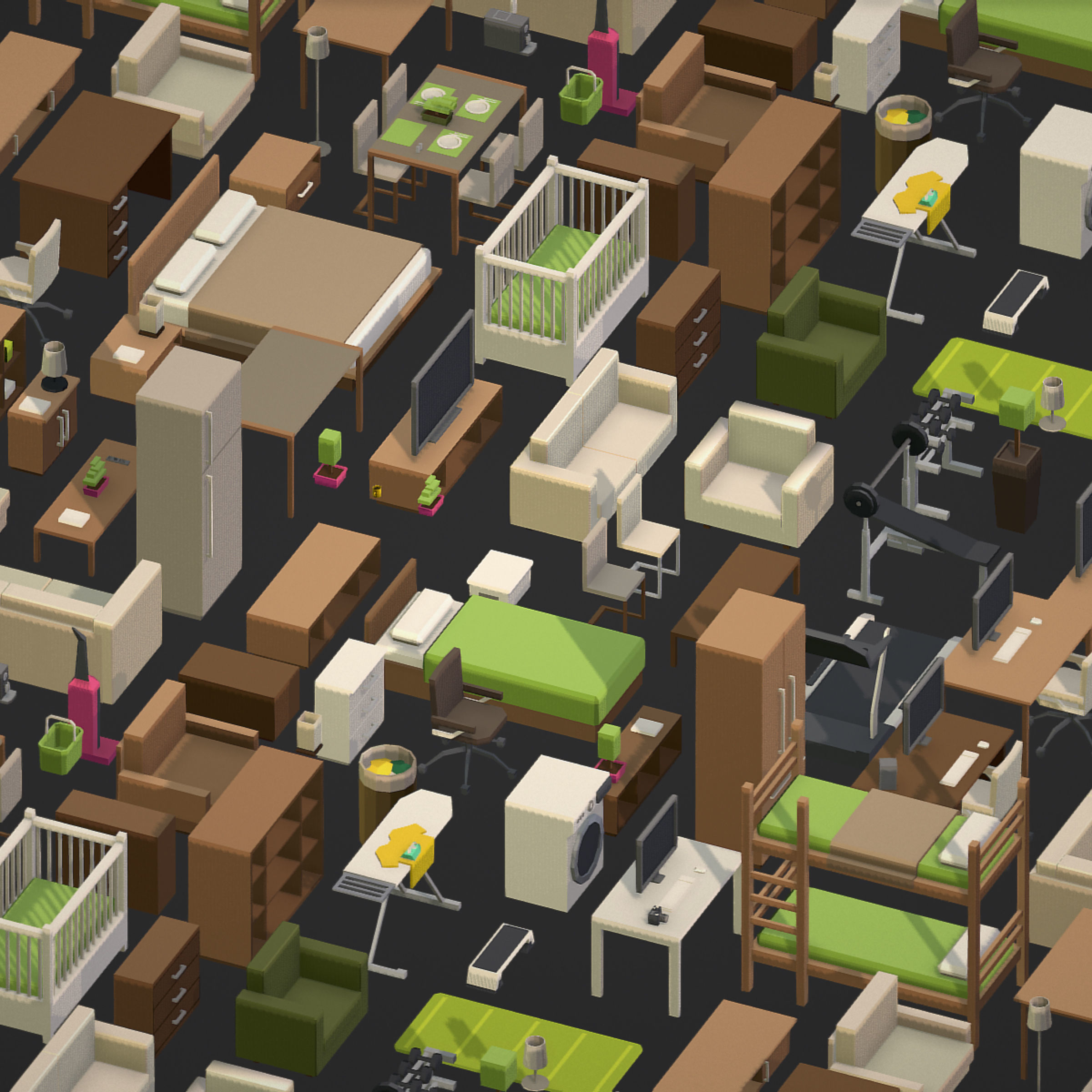 100 object Isometric Home Office Furniture Fitness Pack Low-poly 3D model_2