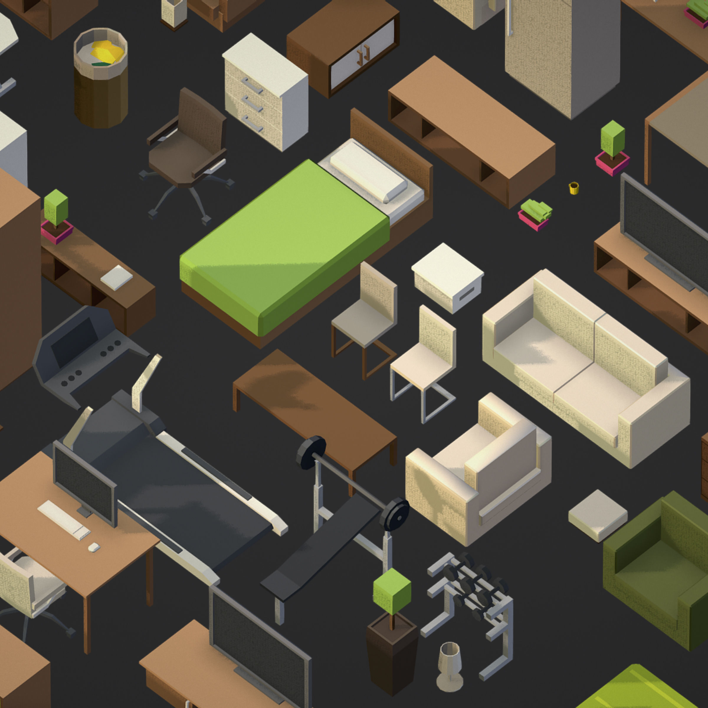 100 object Isometric Home Office Furniture Fitness Pack Low-poly 3D model_8
