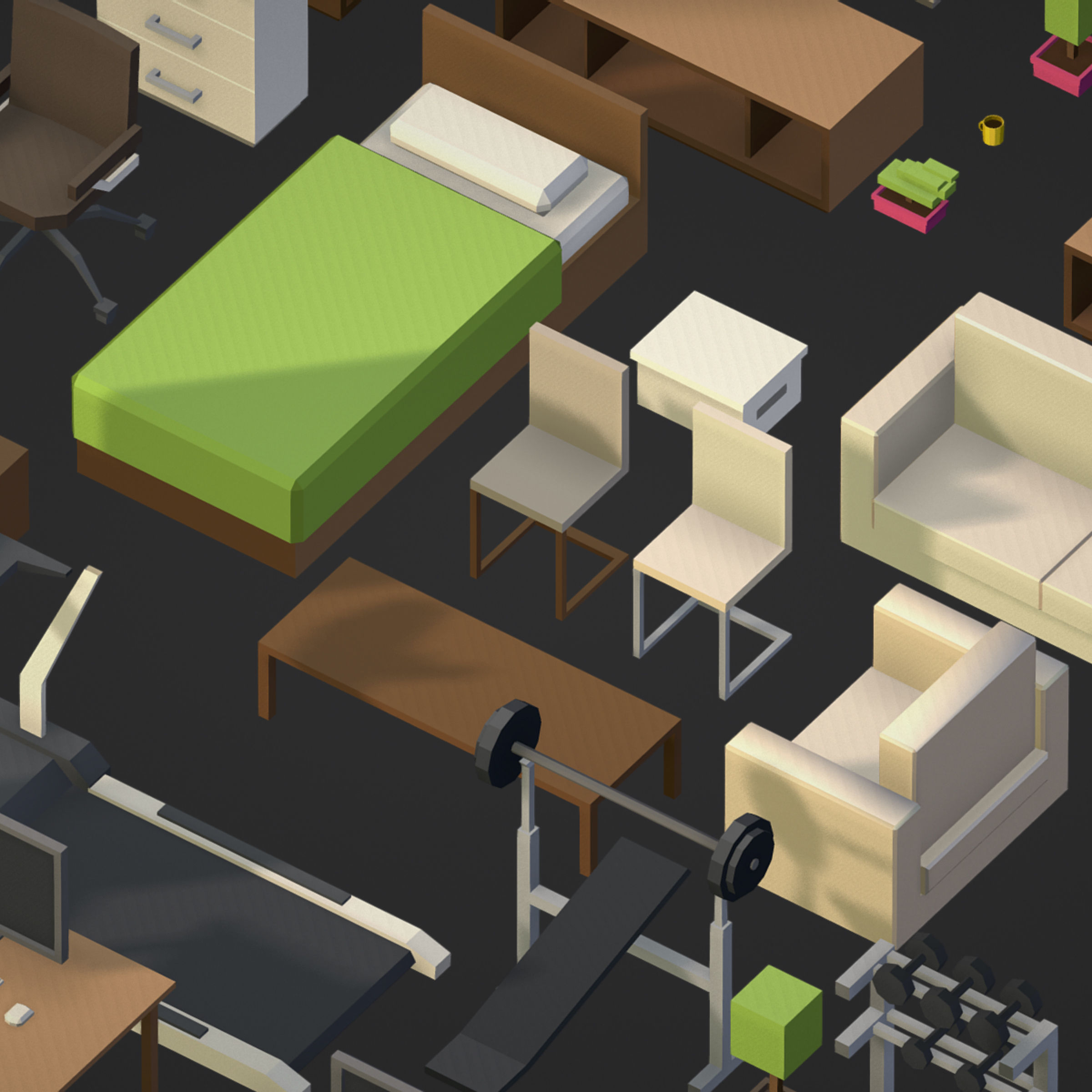 100 object Isometric Home Office Furniture Fitness Pack Low-poly 3D model_12