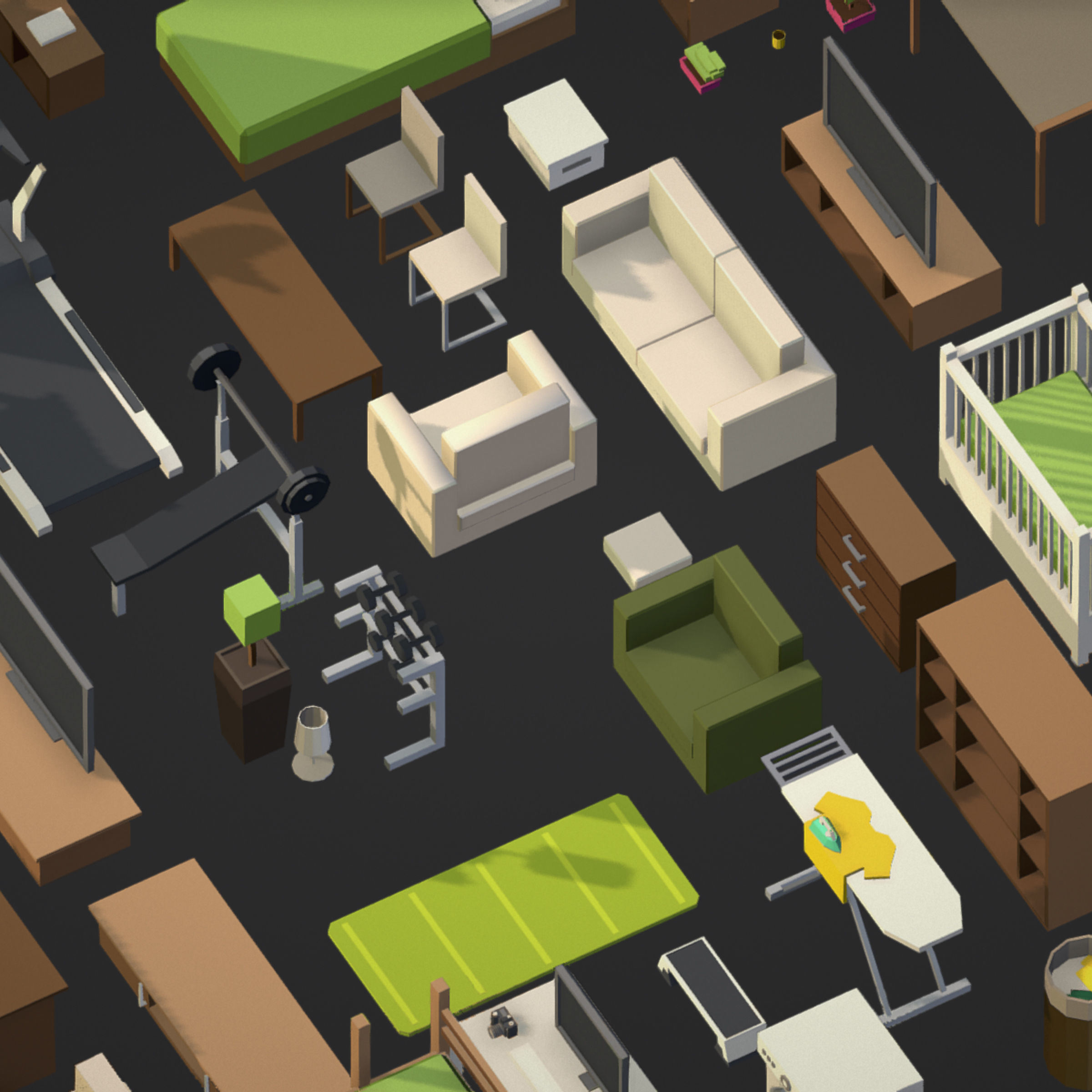 100 object Isometric Home Office Furniture Fitness Pack Low-poly 3D model_6