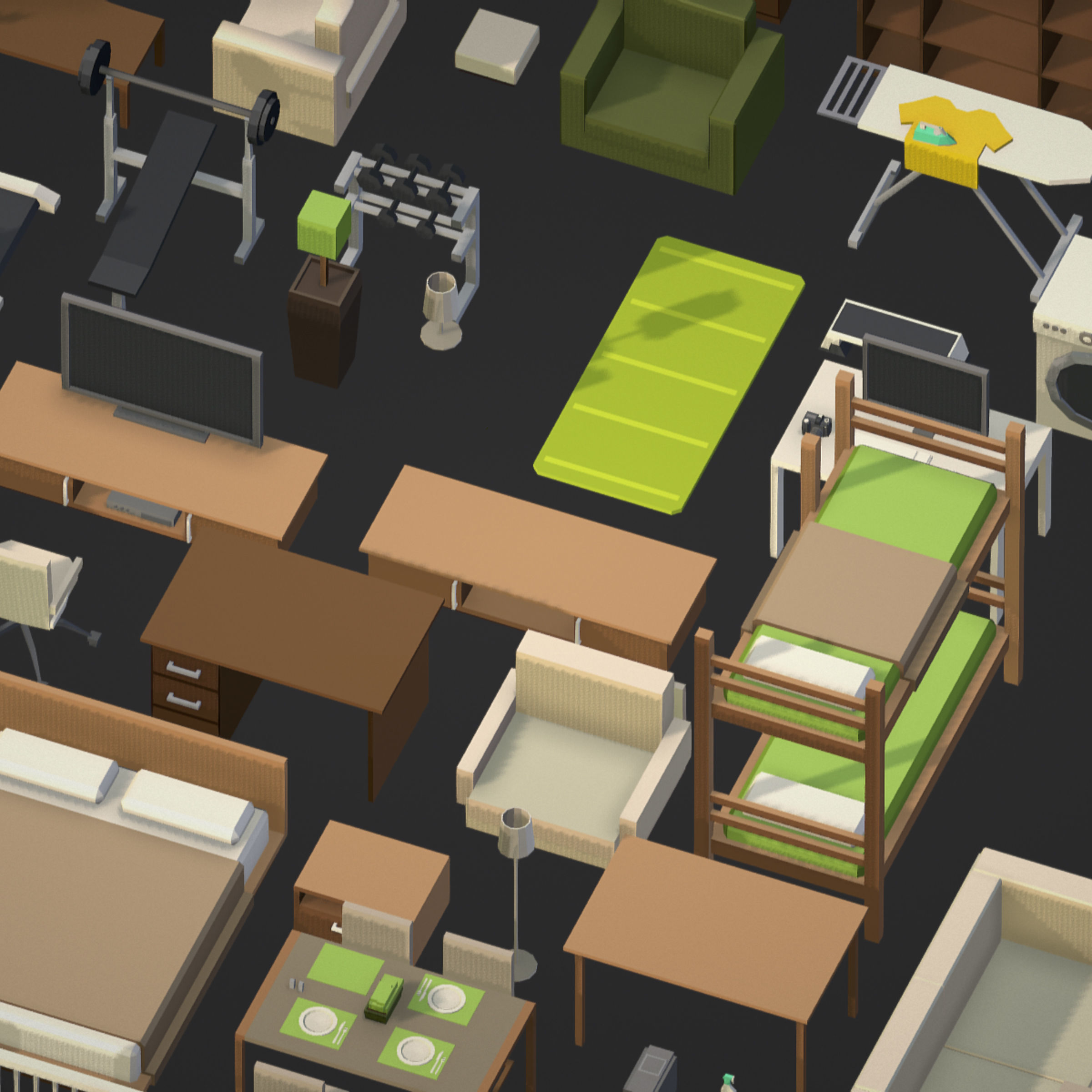 100 object Isometric Home Office Furniture Fitness Pack Low-poly 3D model_7