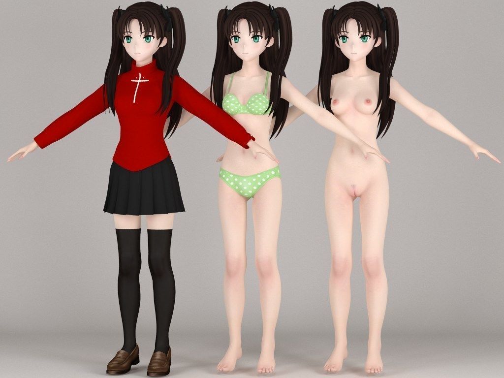 T pose nonrigged model of Rin Tohsaka anime girl 3D model_3