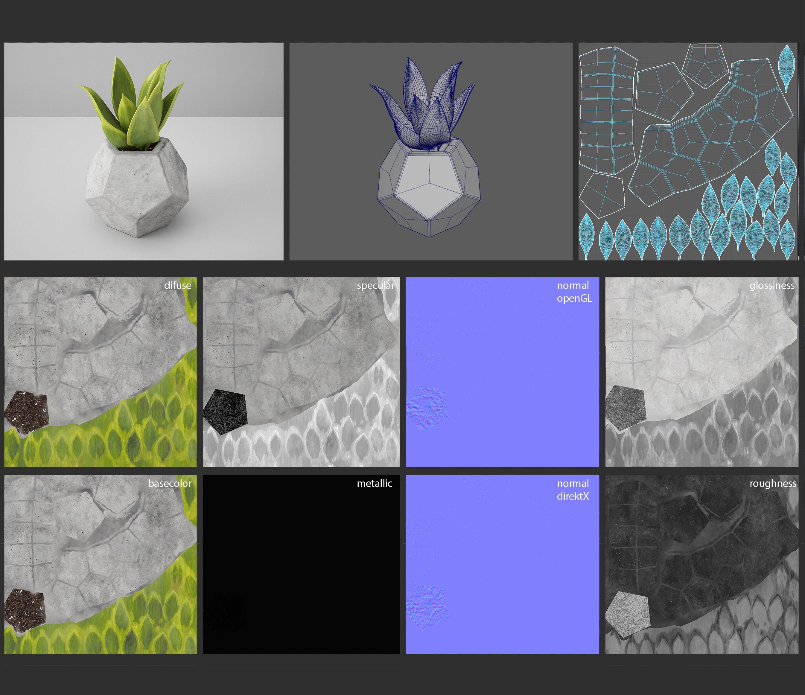 Concrete Potted Cactus Set 3D model_3