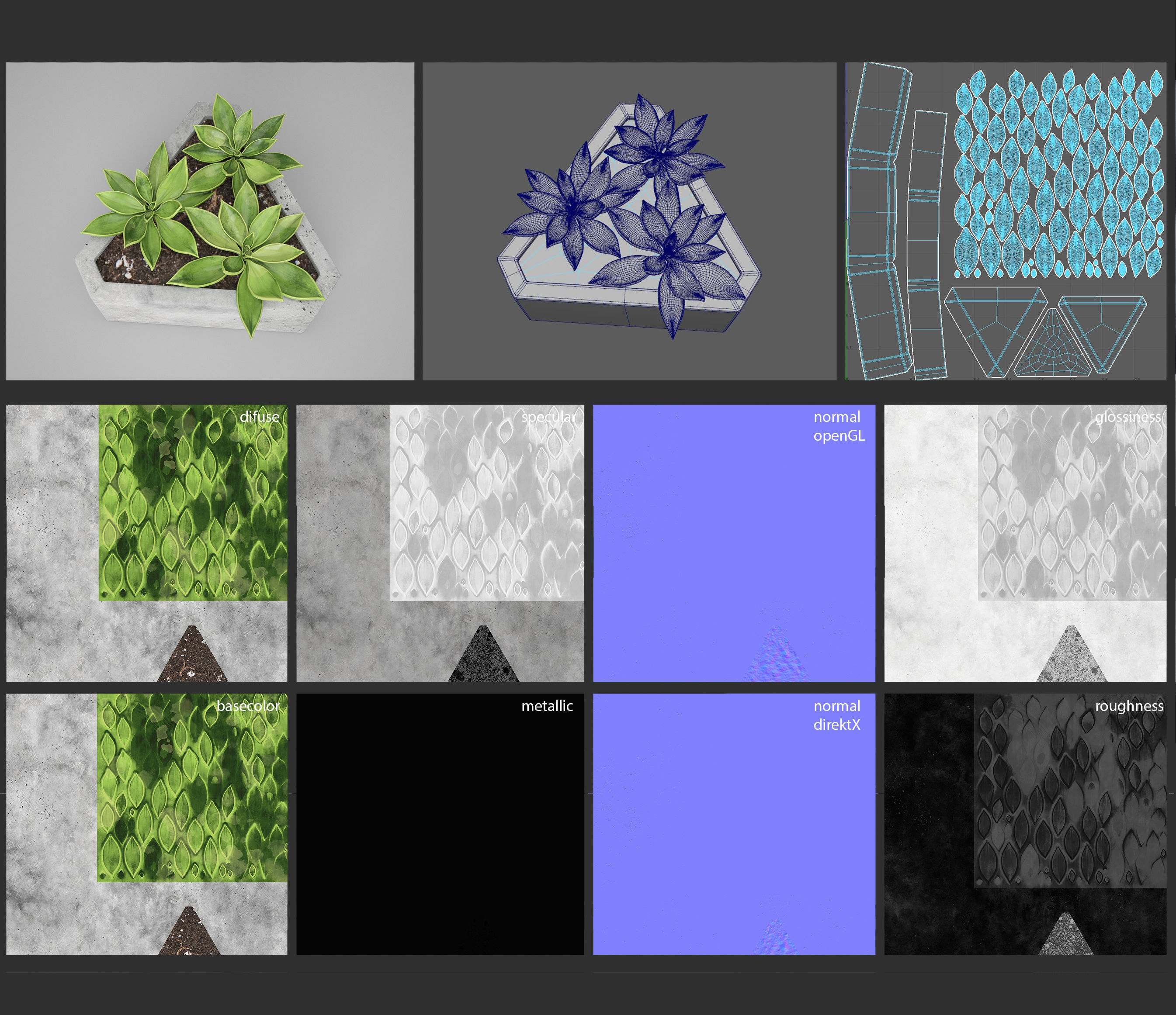 Concrete Potted Cactus Set 3D model_4