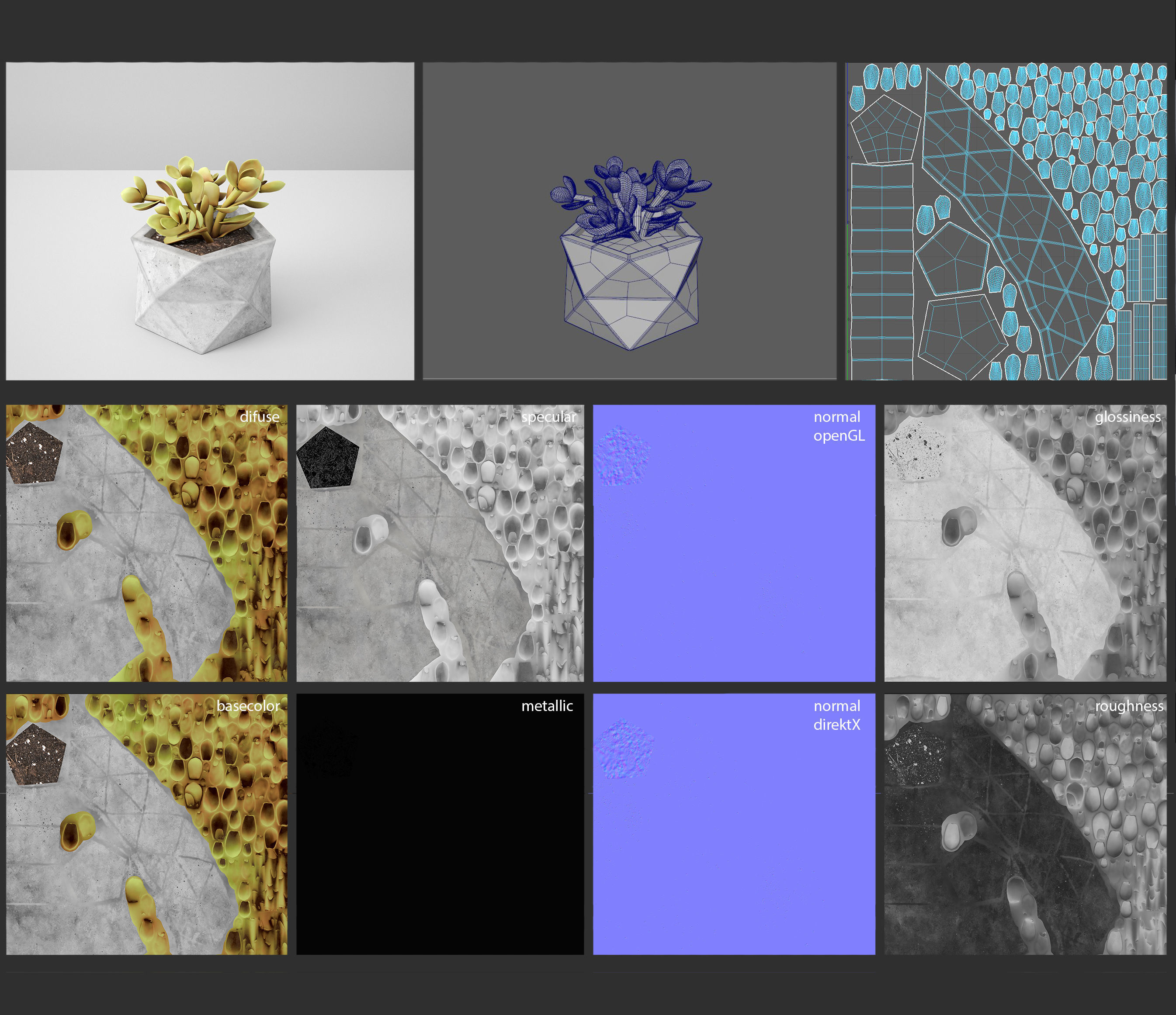 Concrete Potted Cactus Set 3D model_7