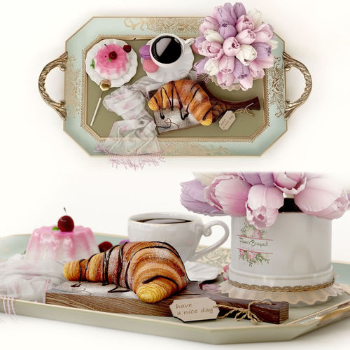 Breakfast bed croissant bouquet tulips sweets 3D model