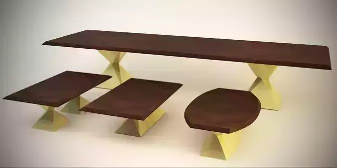 TABLES SET three wooden stools and table 3D model
