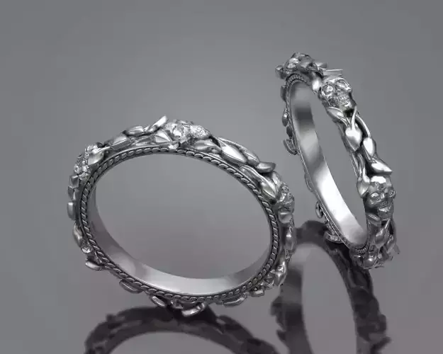 Skull Steampunk Leaves band ring - wedding ring