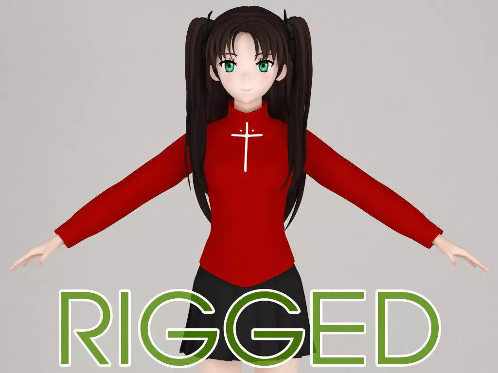 T pose rigged model of Rin Tohsaka anime girl 3D model_0