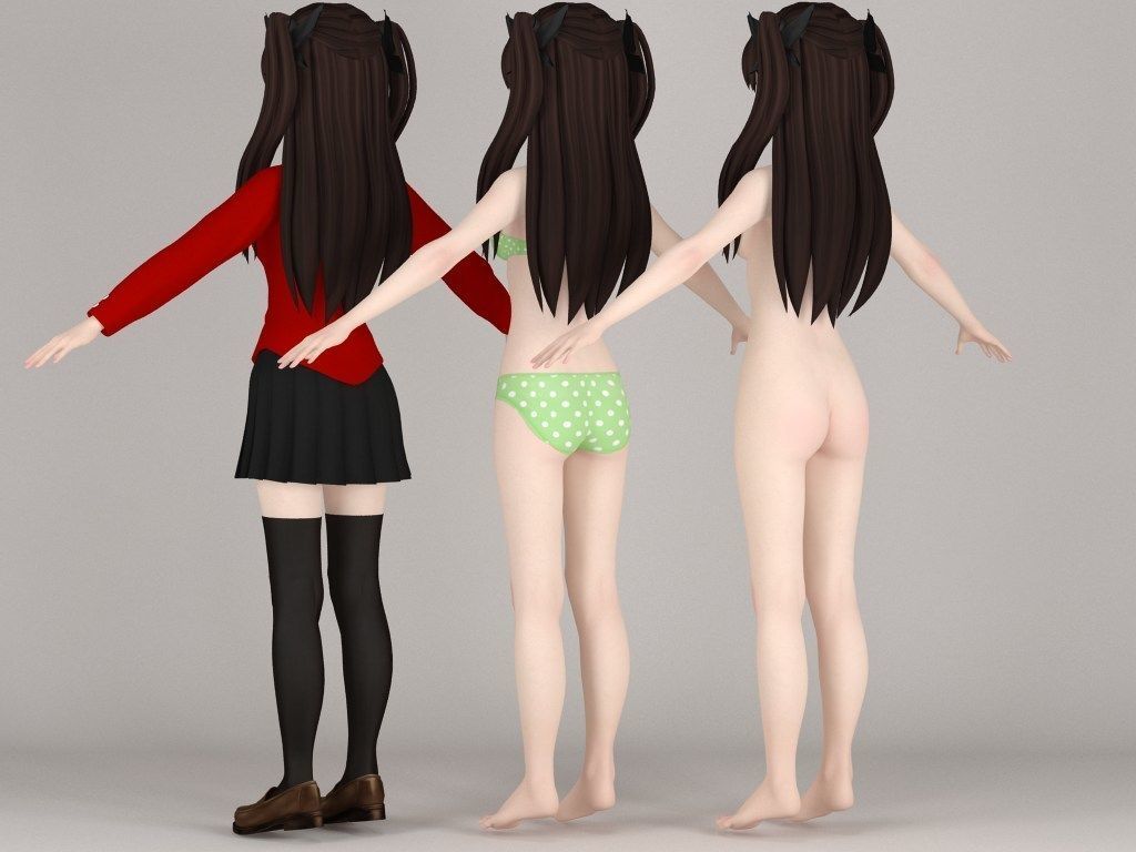 T pose rigged model of Rin Tohsaka anime girl 3D model_7