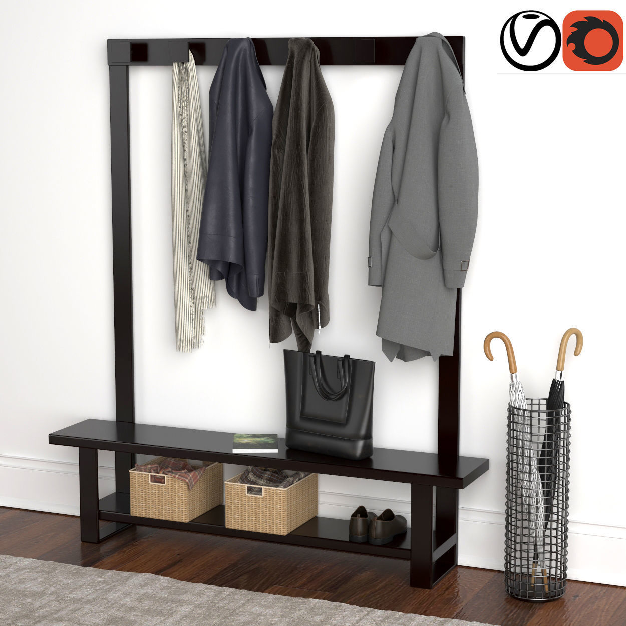 Hallway coat rack with clothes hanging 3D model_1
