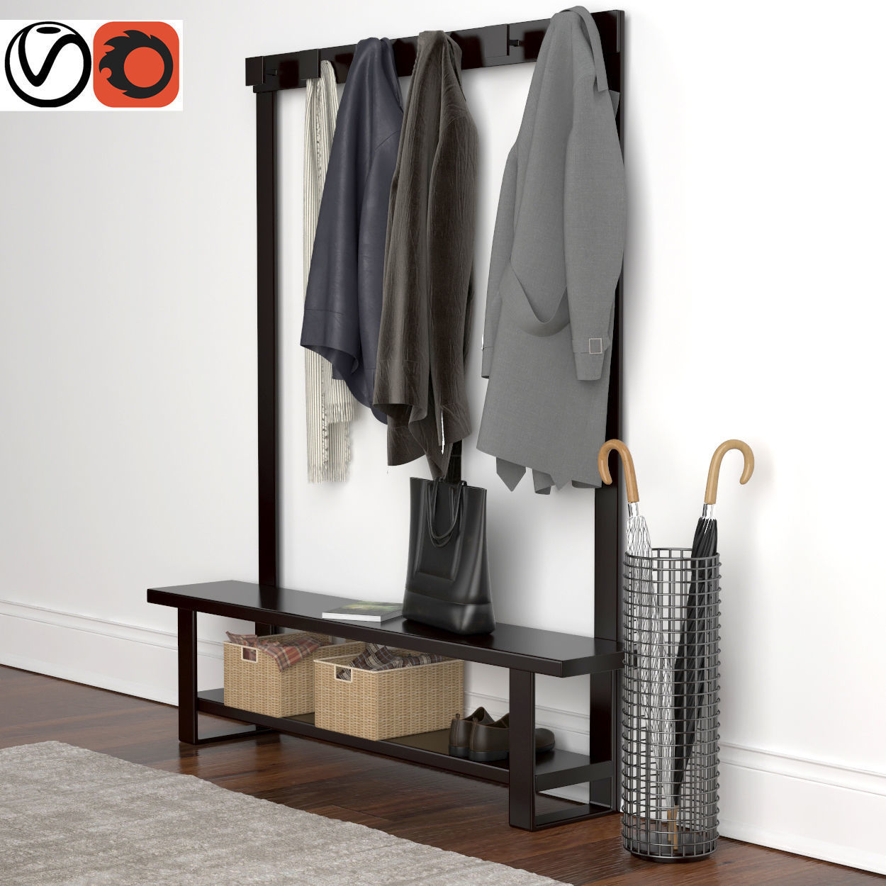 Hallway coat rack with clothes hanging 3D model_3