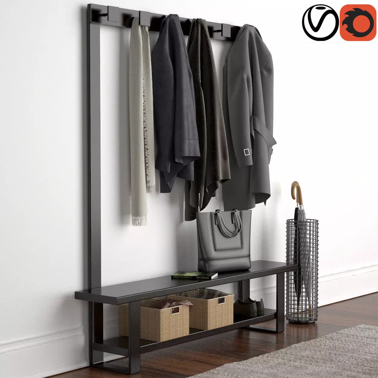 Hallway coat rack with clothes hanging 3D model_0