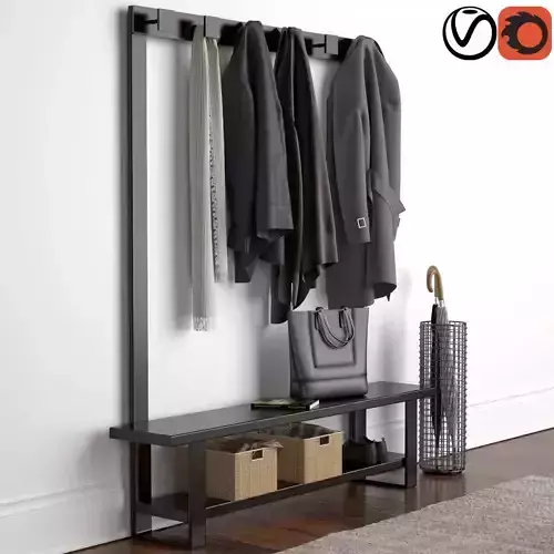 Hallway coat rack with clothes hanging