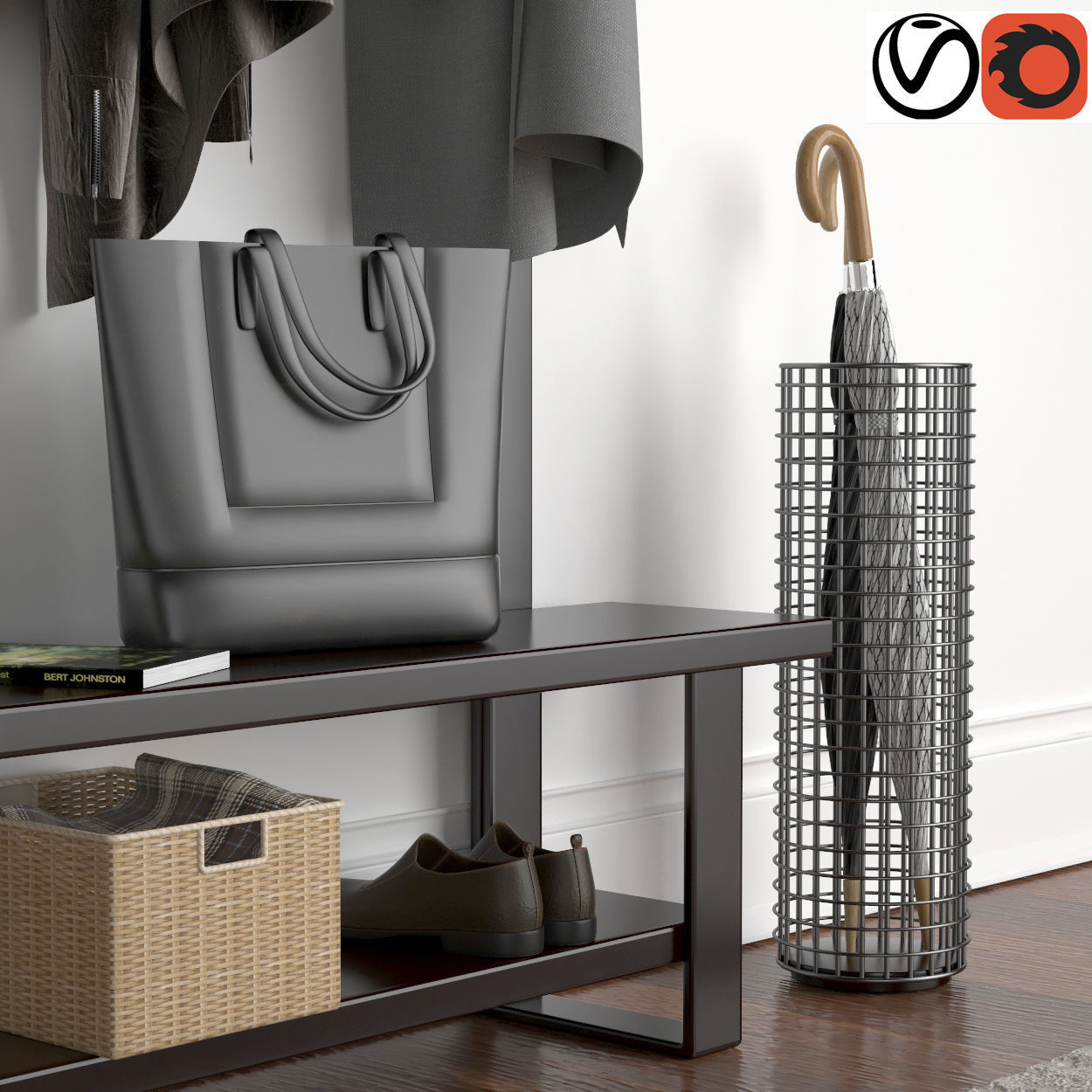 Hallway coat rack with clothes hanging 3D model_2