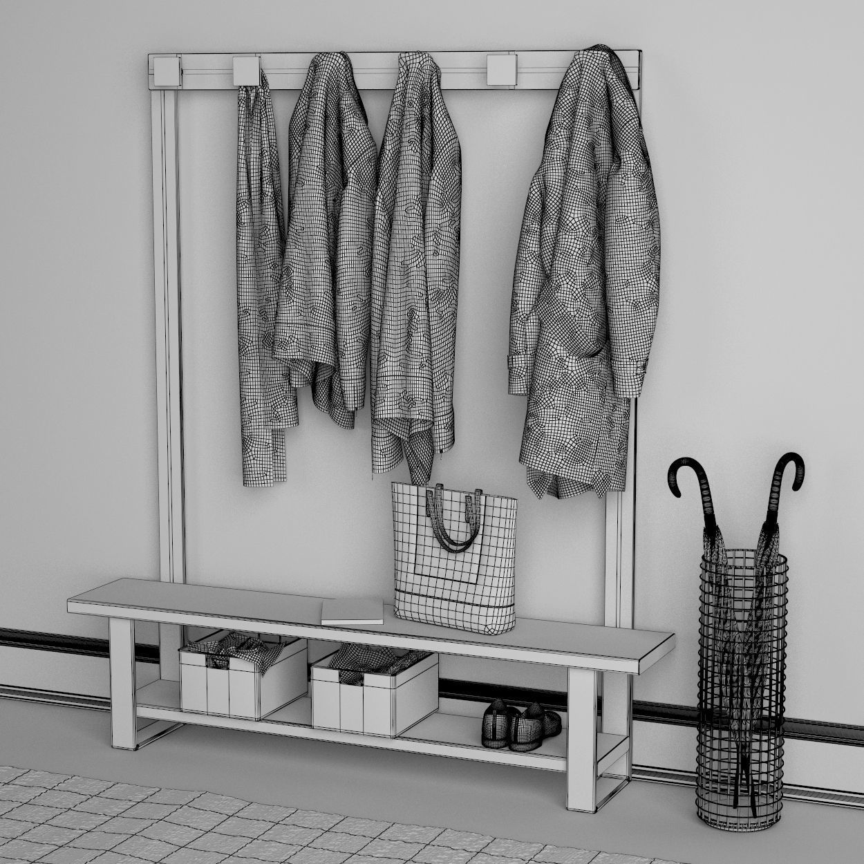 Hallway coat rack with clothes hanging 3D model_4