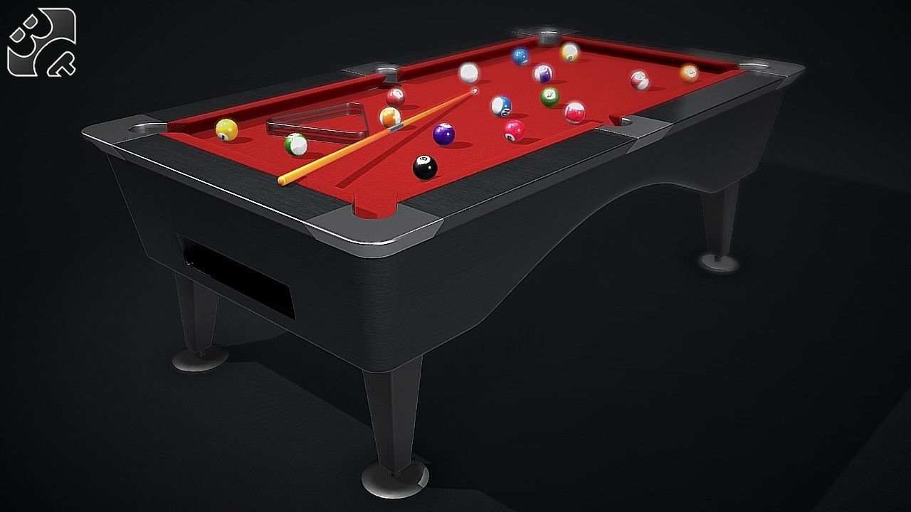Pool Table with Balls and Cue 3D model_6