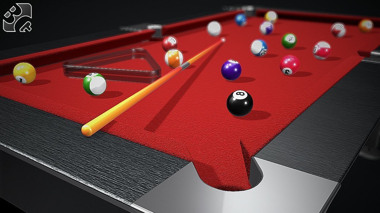 Pool Table with Balls and Cue 3D model_5