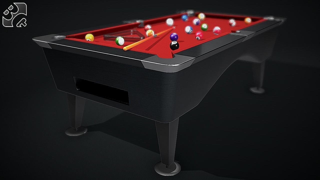 Pool Table with Balls and Cue 3D model_1