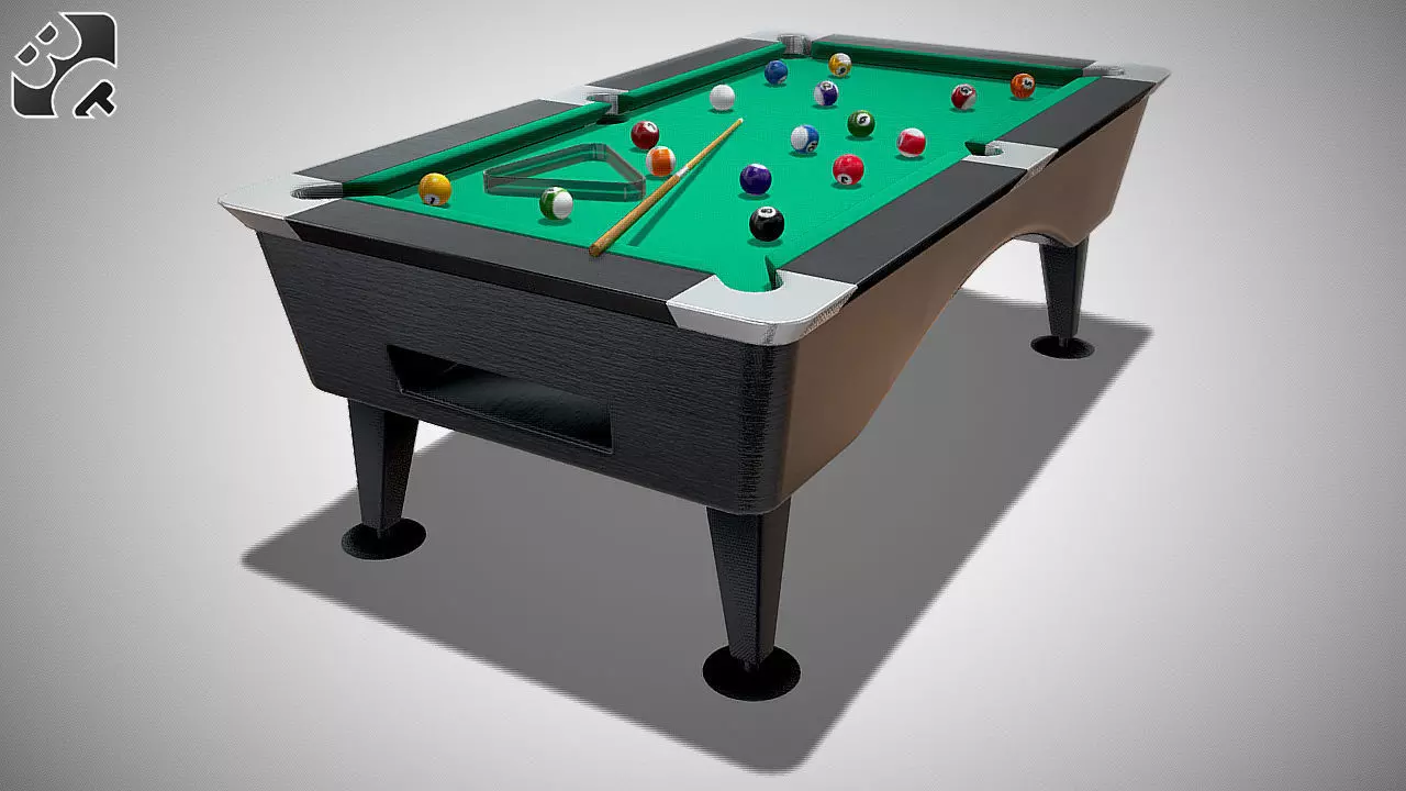 Pool Table with Balls and Cue 3D model_0