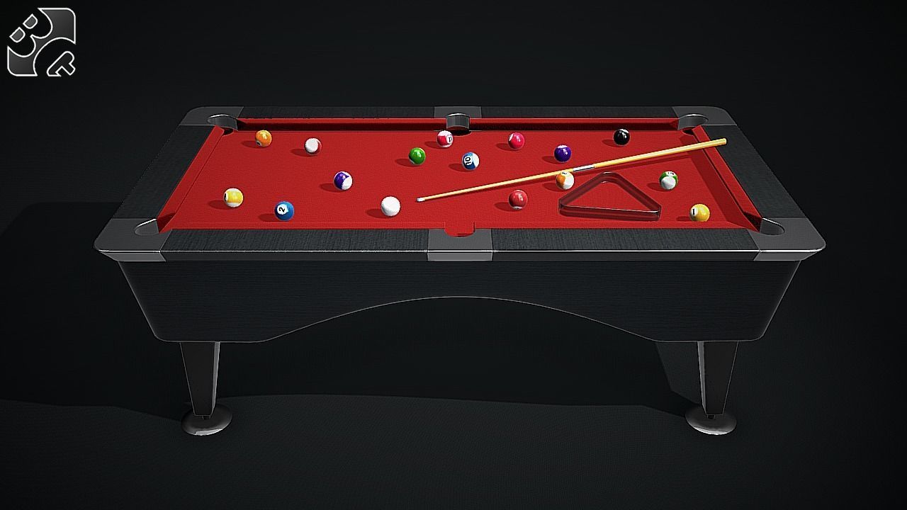 Pool Table with Balls and Cue 3D model_3