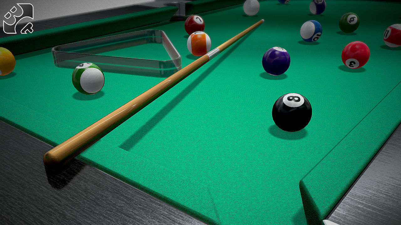 Pool Table with Balls and Cue 3D model_4