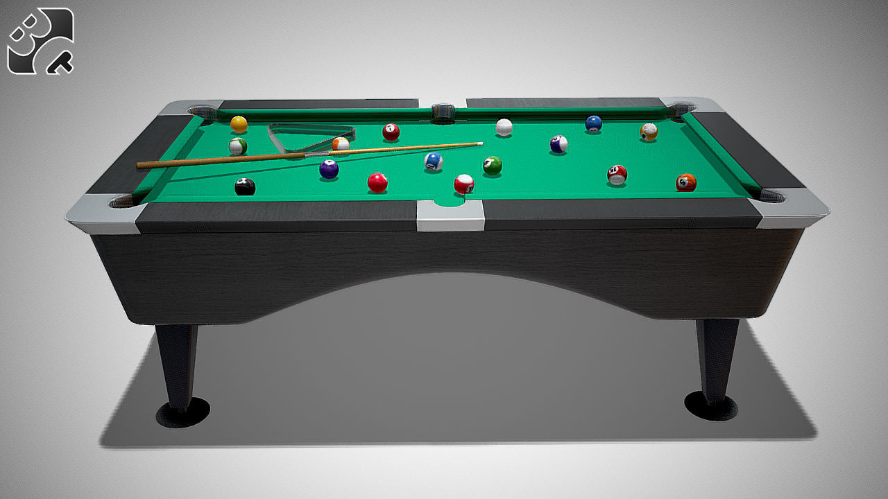 Pool Table with Balls and Cue 3D model_2