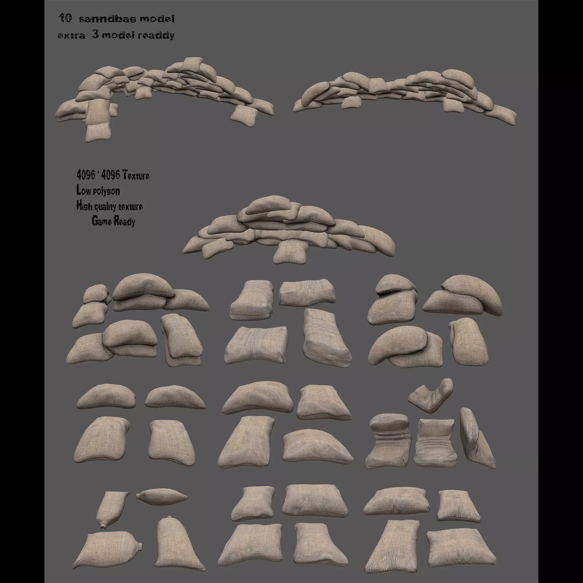 sandbag set pile of sacks Low-poly 3D model_0