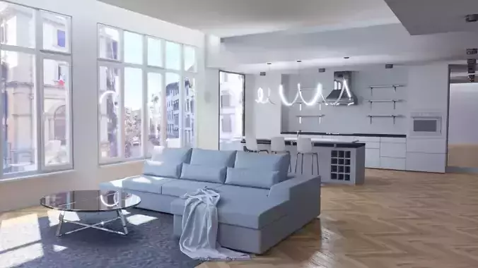 Modern living room with kitchen