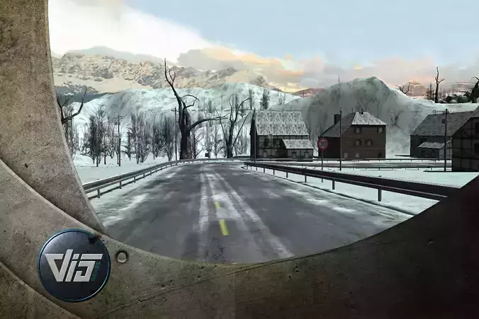 Winterlandscape snowy road in video game