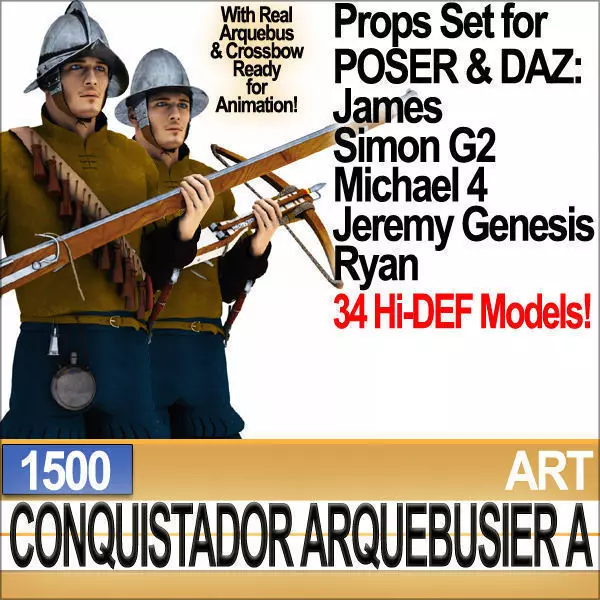 Conquistador Arquebusier Props Poser Daz A 1500 3D model_0