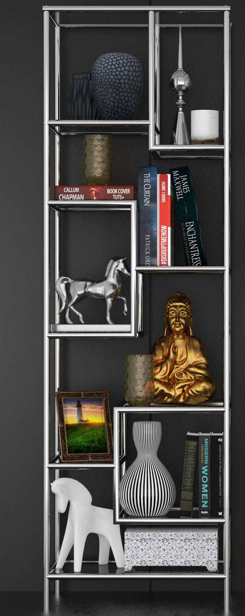 Chromed Shelves with decor 3D model_2