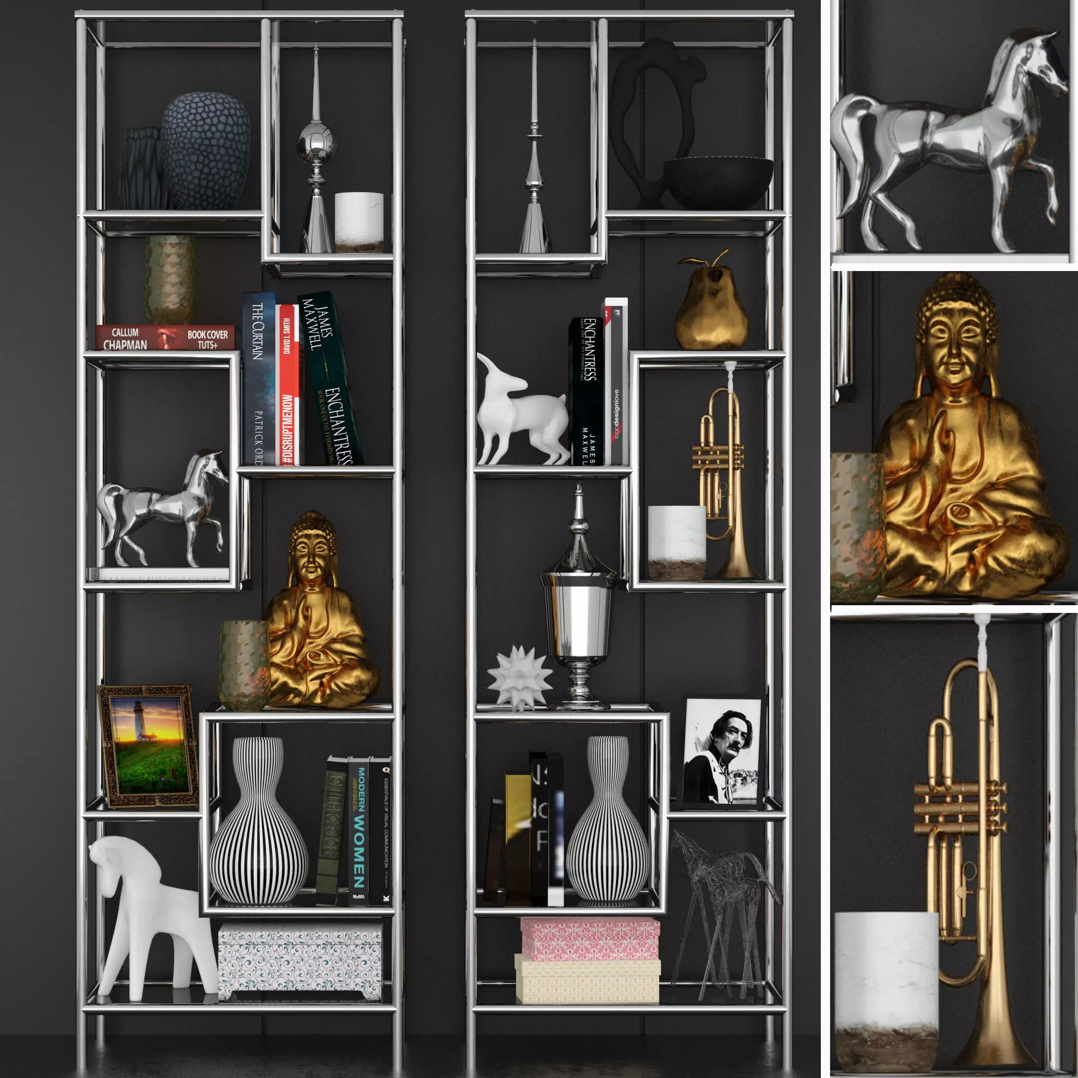 Chromed Shelves with decor 3D model_0