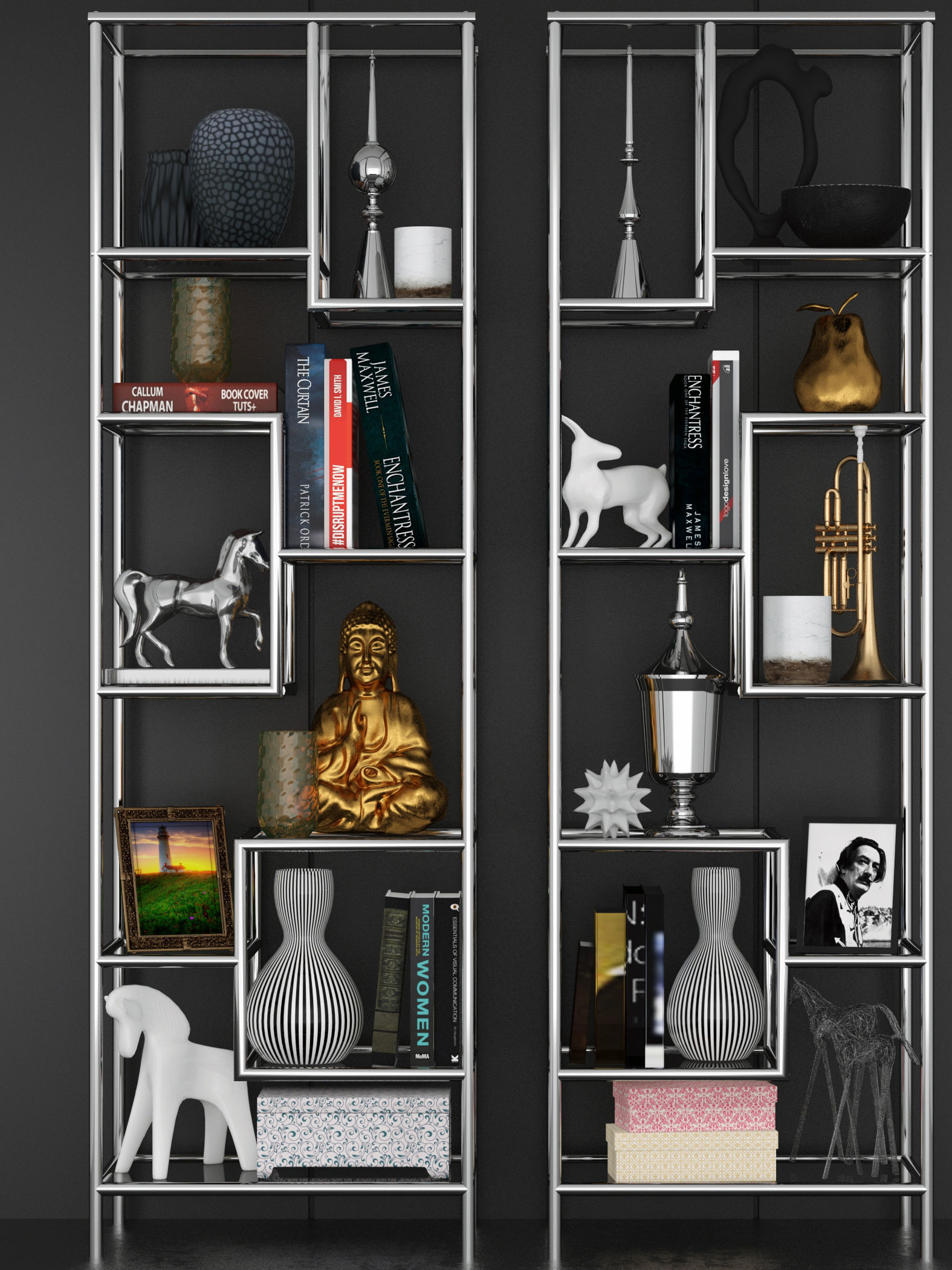 Chromed Shelves with decor 3D model_4