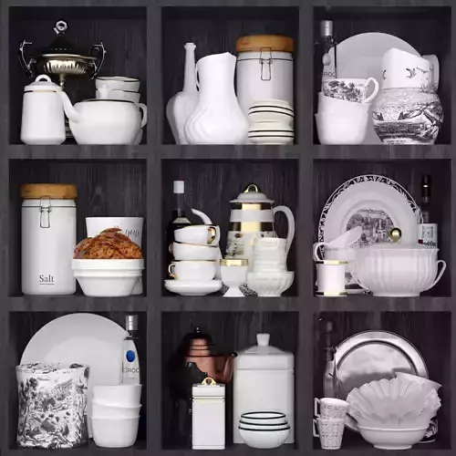 Kitchen set dishes on shelf 3D model