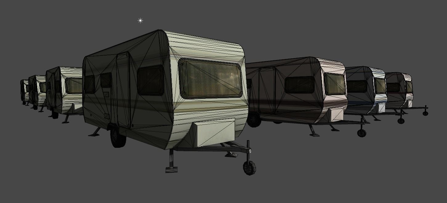 Caravan collection camper trailers in row Low-poly 3D model_2