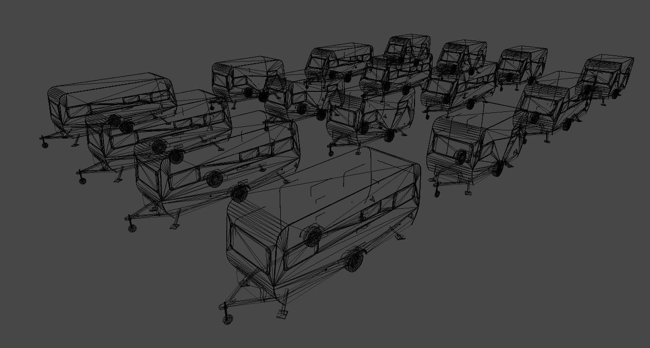 Caravan collection camper trailers in row Low-poly 3D model_1
