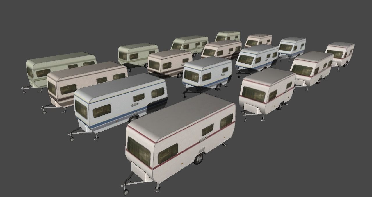 Caravan collection camper trailers in row Low-poly 3D model_4